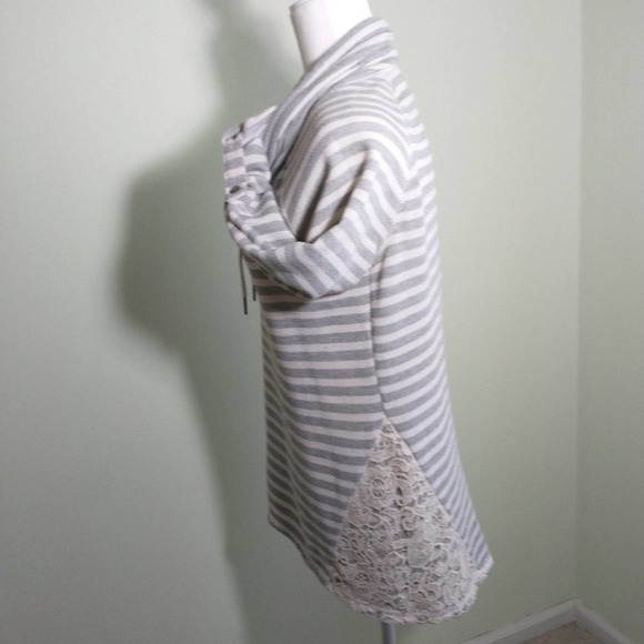 French Laundry Gray White Stripe Terry Longline Drawstring Neck Longsleeve top M - Picture 16 of 16